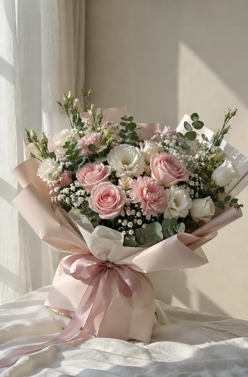 Florist merangkai buket bunga di toko